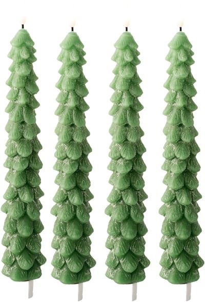 Lumineo LED kerstboom dinerkaars - 4x - groen - 29 cm - batterijen - timer - kerstdiner kaars - kaarsen - kerstkaarsen kerstdiner