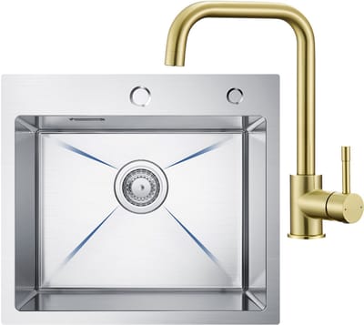 CECIPA max Spoelbak Keuken 50x45CM - Gootsteen RVS - Spoelbakken Met Keukenkraan Goud en Kraangat - Spoelbakken Keuken - Wasbak Keuken - Enkele Spoelbak - Spoelbakken met afdruip - RVS