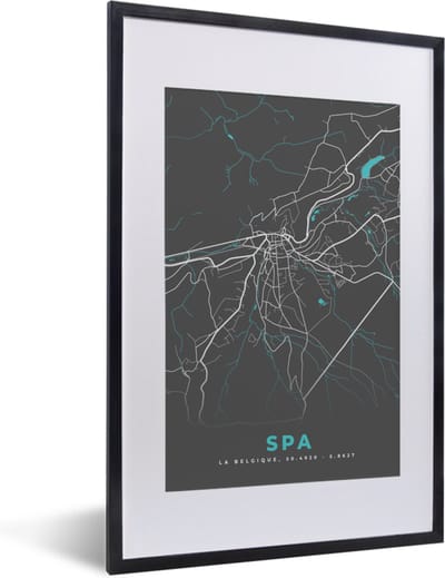 Fotolijst incl. Poster - Stadskaart – Grijs - Kaart – Spa – België – Plattegrond - 40x60 cm - Posterlijst