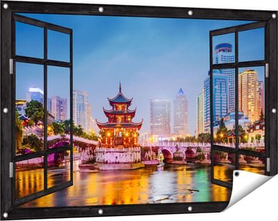 Gards Tuinposter Doorkijk Rivier bij Stad Guiyang in China - 120x80 cm - Tuindoek - Tuindecoratie - Wanddecoratie buiten - Tuinschilderij