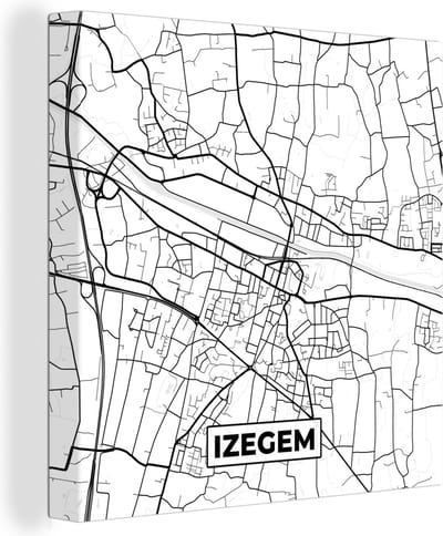 Canvas Schilderij Stadskaart – Zwart Wit - Kaart – Izegem – België – Plattegrond - 20x20 cm - Wanddecoratie
