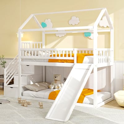 MODENUIT Kinderhoogslaper 90x200 cm – Met Glijbaan en Opbergtrap – Hoge Valbeveiliging – Zonder matras – Hout – Wit