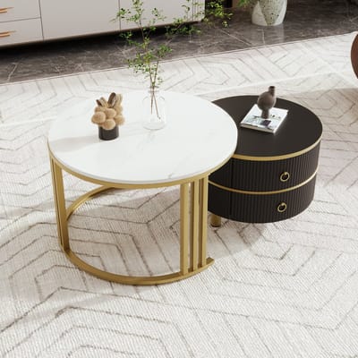 HAUSS SPOLE Salontafel - 2-in-1 Rond MDF Set Met Glanzende Platte En 2 Laden - Functioneel Voor Woonkamer - 70x70+50x50 cm - MDF + Plastic + Metaal - Wit, Zwart