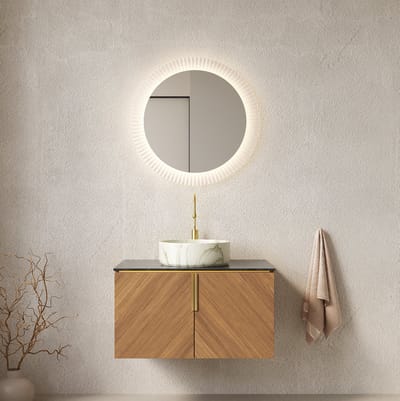 MIVRAY Badkamerkast - Wandgemonteerd Wastafelmeubel Met 2 Deuren En Zachtsluitend Systeem - Voor Badkamer - Keramiek En Steen - 76 Cm - Bruin