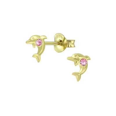 Joy|S - Zilveren dolfijn kinderoorbellen - 4 x 5 mm - kristal roze - gold plated