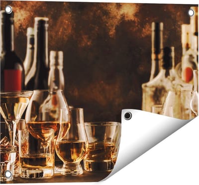 Gards Tuinposter Glazen met Sterke Drank - Flessen - 50x40 cm - Tuindoek - Tuindecoratie - Wanddecoratie buiten - Tuinschilderij