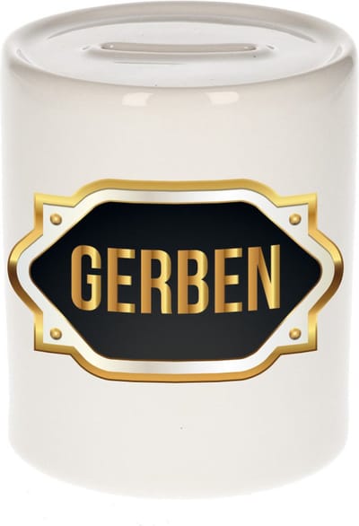 Spaarpot met voornaam Gerben - wit - met goud/zwart embleem - 8 x 9 cm - keramiek - met afsluitdop - cadeau verjaardag