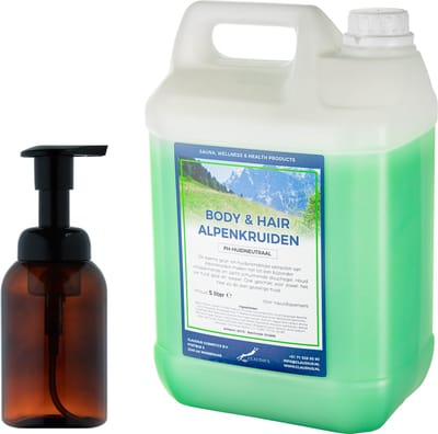 Zeepdispenser 300 ml amber bruin hervulbaar + 5 liter Body & Hair Alpenkruiden navulling