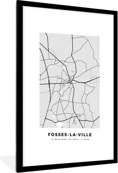 Fotolijst incl. Poster Zwart Wit- Stadskaart – Plattegrond – België – Zwart Wit – Fosses la Ville – Kaart - 60x90 cm - Posterlijst