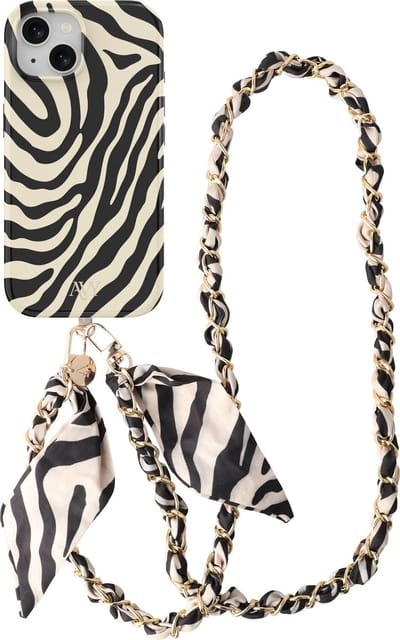 AVY Hoesje Met Telefoonkoord | Geschikt voor Apple iPhone 14 / 13 | Compatibel met MagSafe & Qi2 | Hard Shell Back Cover | Stijlvol Bijpassend Koord Crossbody (120CM) | Serengeti Zebra
