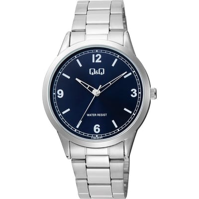Q&Q C10A-051PY - Horloge - Analoog - Heren - Mannen - stalen band - Rond - Metaal - Cijfers - Streepjes - Zilverkleurig - DonkerBlauw