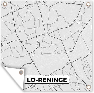 Tuin poster België – Lo Reninge – Stadskaart – Kaart – Zwart Wit – Plattegrond - 200x200 cm - Tuindoek