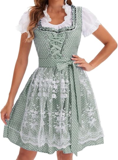 Dirndl Jurk voor Dames - Oktoberfest Kostuum met Blouse, Kanten Midi Rok en Schort - Traditionele Folk Party Outfit in Groen en Wit