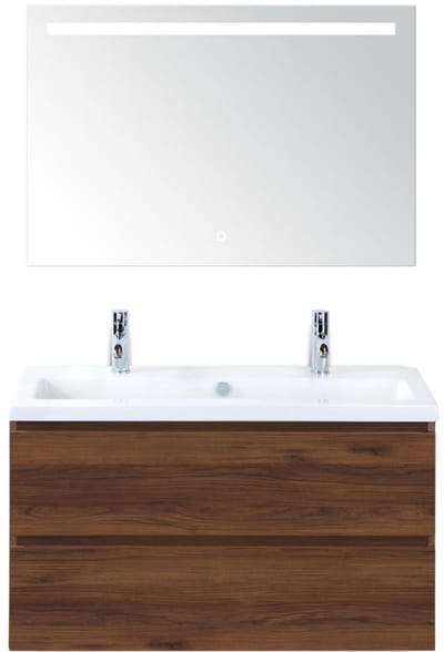 Vogue Badmeubelset 100 cm - Greeplijst in Kleur - Walnoot - Keramische Wastafel Wit 2 Kraangaten met Sence Spiegel