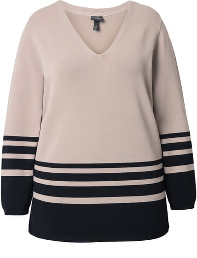 Ulla Popken - Dames - Trui strepen V-hals lange mouw - Donkerbeige - Maat 42+
