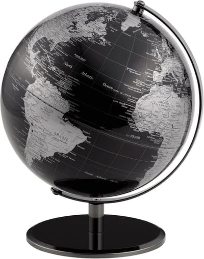 Wereldbol 25 cm Decoratie - Zwarte Metalen Voet en Beweegbare As - Zilverkleurig