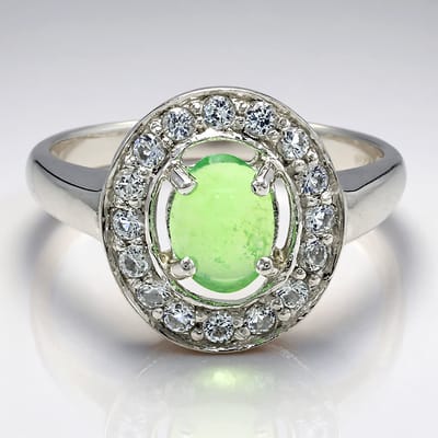 Cavill - Zilveren ring 925 Sterling zilver - Keizerlijk chrysopraas 0,25 ct & witte topazen pavé 0,61 ct - Ovaal cabochon elegant design maat 17