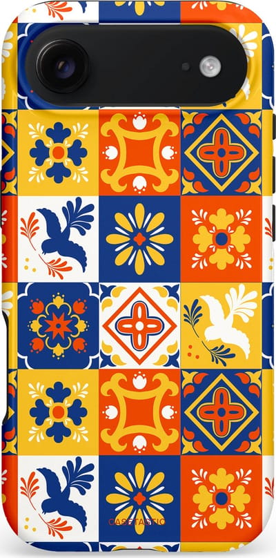 Casetastic hoesje geschikt voor Apple iPhone Air - MagSafe - Dubbellaagse bescherming - Mediterraanse Tegels - Fashion Case - Oranje Donkerblauw Geel Crème