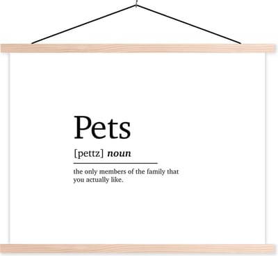 Posterhanger incl. Poster 120x90 cm - Schoolplaat - Huisdieren definitie - Spreuken - Pets - Quotes - Woordenboek - Textielposter - Blanke latten