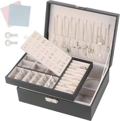 Sieradenopbergdoos met 2 lagen, PU leren organizer voor kettingen, oorbellen, armbanden en ringen, inclusief 2 sleutels en ideaal voor vrouwen
