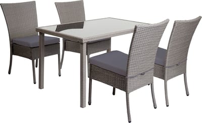 Polyrotan garnituur MCW-G19, zitgroep balkon-/loungeset, 4 stoelen + tafel, 120 x 75 cm ~ grijs, kussens donkergrijs