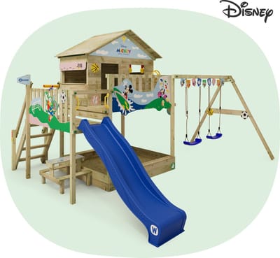 Wickey Disney's Mickey en zijn vriendjes Quest Speeltoestel - Dubbele schommel met Glijbaan en Speelhuis - Picknicktafel & Zandbak - 486x465x307 cm - Blauw