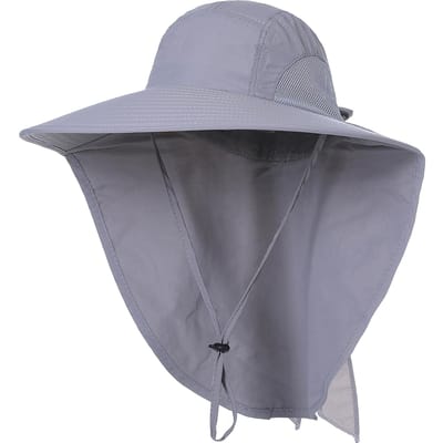 Chapeau de soleil à large bord pour femme avec rabat pour le cou, idéal pour les voyages, le camping, la randonnée, le bateau, la pêche gris