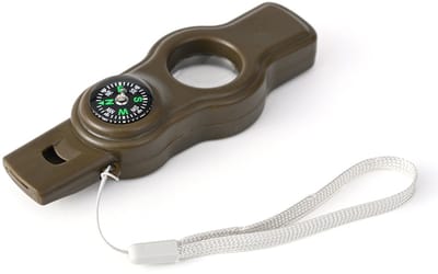 Decopatent - Survival Whistle 5-in-1 - Fluit, Kompas, Vergrootglas, LED Zaklamp & Infrarood Laser - Lichtgewicht Multifunctionele Outdoor Survival Set met Koord - Kleur: Leger Groen
