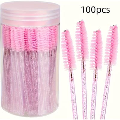 Ensemble de 100 brosses à cils, tige en cristal en bouteille, brosse à cils en barillet, brosse peigne à sourcils, brosse à recourber les cils colorée, outils d'extension de cils. 100PCS pink