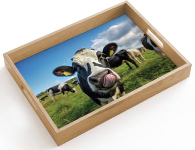 Dienblad hout 40x30 cm - Schootdienblad - Koe - Tong - Weide - Borrelplank rechthoek - Plateau dienbladen