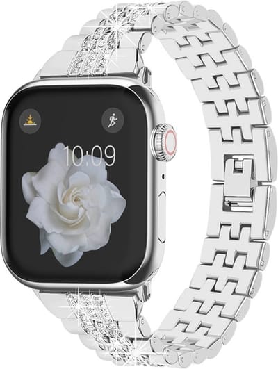 Stalen bandje - RVS - met glittersteentjes - geschikt voor Apple Watch series 1/2/3/4/5/6/7/8/9/10/11/ SE (1,2,3) / Ultra (1,2,3) met maat 44 mm / 45 mm / 46 mm / 49 mm - zilver