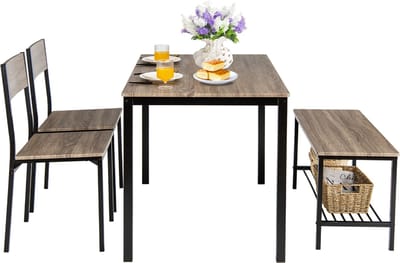 COSTWAY Eettafelset, 4-delig, keukentafel met 2 stoelen, 1 bank en plank, eetgroep, industriële eetgroep, eetkamertafel, metalen frame, bartafelset voor keuken en eetkamer (grijs)