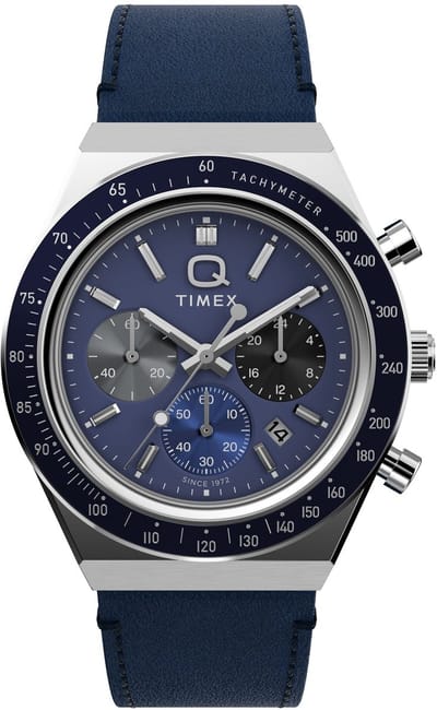 Timex Q Chrono Tonal Quartz Chronograaf Horloge Blauw En Zilverkleurig Kast Gemaakt Van 100% Roestvrij Staal En Een Armband Van 100% Leer 40 TW2Y36100AJ