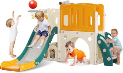 Kinderglijbaan met klimladder, basketbalkorf en tunnel - Kunststof glijbaan voor binnen