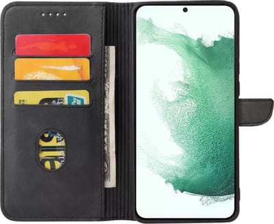 Geschikt voor Samsung Galaxy S22 Telefoonhoesje Kunstleer met Magnetisch lipje en Pasjeshouder Book Case met Klepje - Zwart - Smartphonica geschikt voor Samsung Galaxy S22