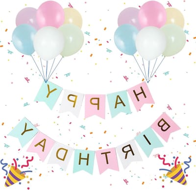 Set van 12 Latex Ballonnen en Bunting Banner voor Verjaardagsdecoraties, Macaron Kleuren, Feestversiering en Jarige Job Decor