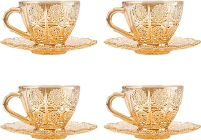 Set van 4 Vintage Glazen Theekopjes met Schotels, 150ml Koffiemokken met Bloemenpatroon, Ideaal voor Thee en Koffie met Familie en Vrienden
