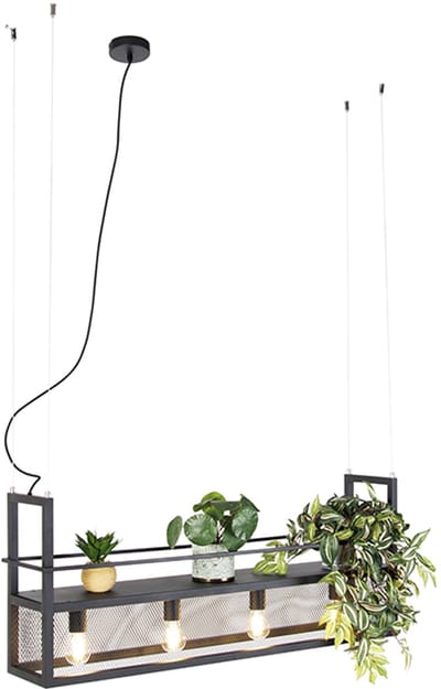 QAZQA cage rack - Industriele Hanglamp eettafel voor boven de eettafel | in eetkamer - 4 lichts - L 100 cm - Zwart - Industrieel - Woonkamer | Slaapkamer | Keuken