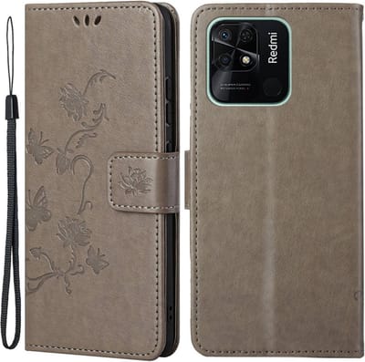 Coverup Hoesje - Geschikt voor Xiaomi Redmi 10C Hoesje - Coverup Bloemen & Vlinders Book Case - Taupe Grijs