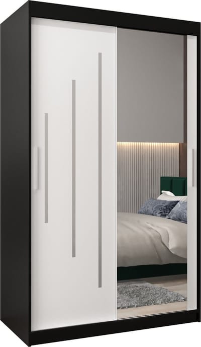 InspireMe - Kledingkast met 2 schuifdeuren, Modern-stijl, Een kledingkast met planken en een spiegel (BxHxD): 120x200x62 - MALTESE II 120 Zwart Mat + Wit Mat