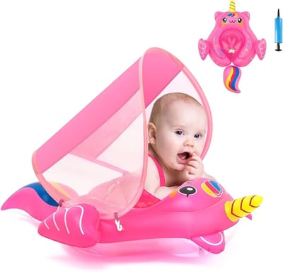 Opblaasbare Eenhoorn Baby Float met Schaduwkap voor Baby's van 3 tot 36 Maanden, Zwemring en Babyzwemstoel voor Veilig Zwemmen in het Zwembad, Roze