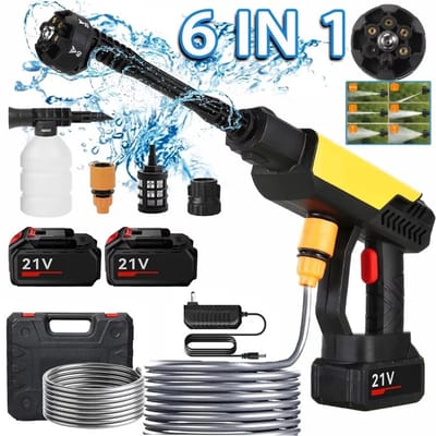 Solvix Hogedrukreiniger – Hogedrukreinigers – Hogedrukreiniger Accu – Hogedrukspuit Draadloos – 6-in-1 Waterpistool – Met Batterij en 5M Slang – Voor Auto, Tuin en Terras