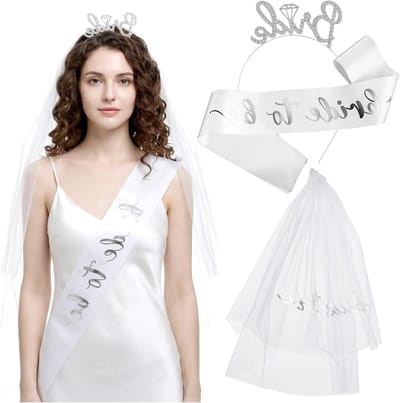 Witte sluier voor bruiden, stijlvolle bruidssjerp en strass kroon, decoratie voor vrijgezellenfeest en bruiloft, fotorekwisieten en accessoires