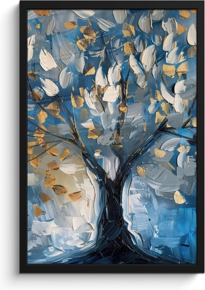 Poster in lijst - Fotolijst 40x60 cm - Posters - Boom - Blauw - Goud - Abstract - Posterlijst zwart - Decoratie - Wanddecoratie woonkamer - Muurdecoratie slaapkamer