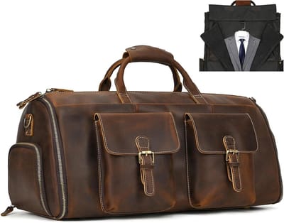 MK Stoer - Reistas voor heren - Echt leer - Kledingzak - 2-in-1 kledingtas met schoenenvak - Sporttas - Weekendtas - 2203 - Bruin - Retro.