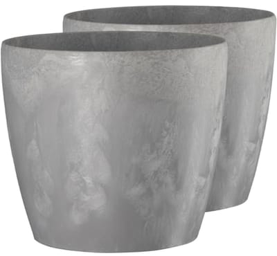Set van 2 moderne ronde kunststof bloempotten in beton (diameter 15,5 cm)