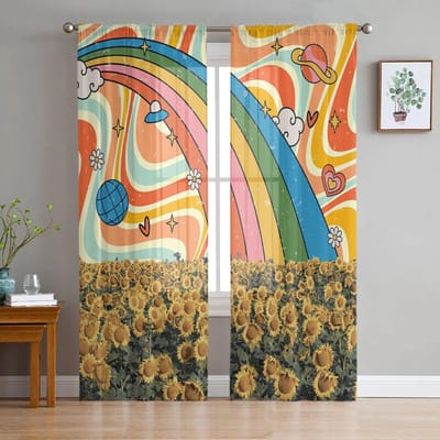 Tropische Plant Zonnebloem Regenboog Tule Gordijnen Voor Woonkamer Slaapkamer Voile Transparant Gordijn Raam Woondecoratie Drapes 135W x 114H(cm) blue