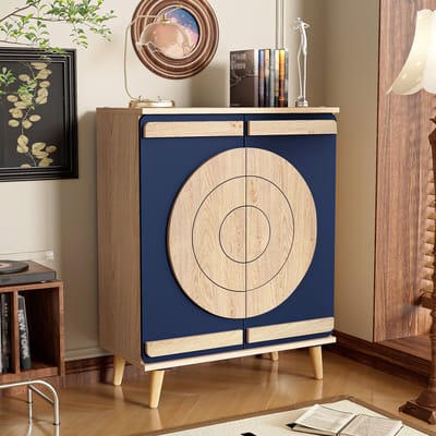 PHOEBE CAT Schoenenkast - Halmeubel - Houtnerf - Ronde geometrische deuren - 3 planken - Houten poten - Blauw