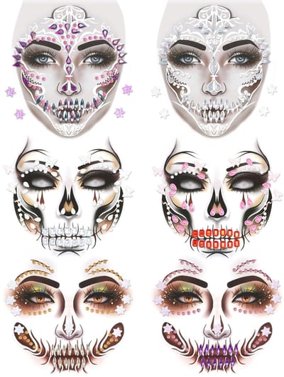 Dailygoods- Gezichtsieraden Halloween - Dode Skull Tattoo - Edelsteen Stickers - Festival Make-up - Dia de Los Muertos - 6 Vellen Ontwerpen - Gezichtstatoeages