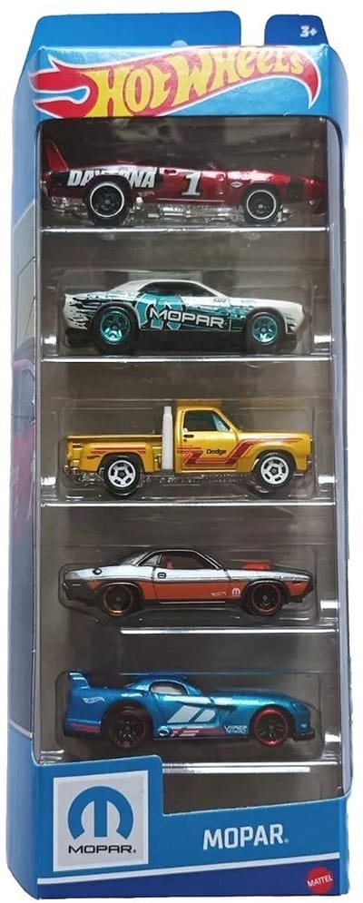 HOT WHEELS 5 CARS IN BOX 2008 DODGE CHALLENGER SRT8, 1970 DODGE HEMI CHALLANGER, DOODGE VIPER GTS-R, 1978 DODGE LI'L RED EXPRESS TRUCK, 1969 DODGE DAYTONA 5-PACK 1:64 5 PACK